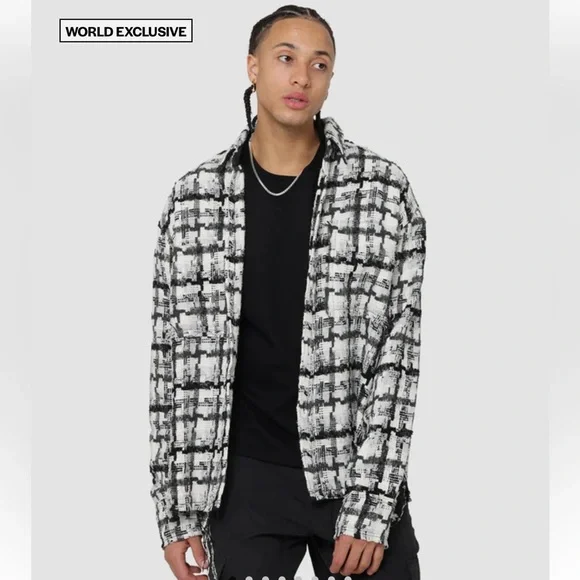 MNML Men’s Raw Edge Flannel Shirt White And Black Size Small‎